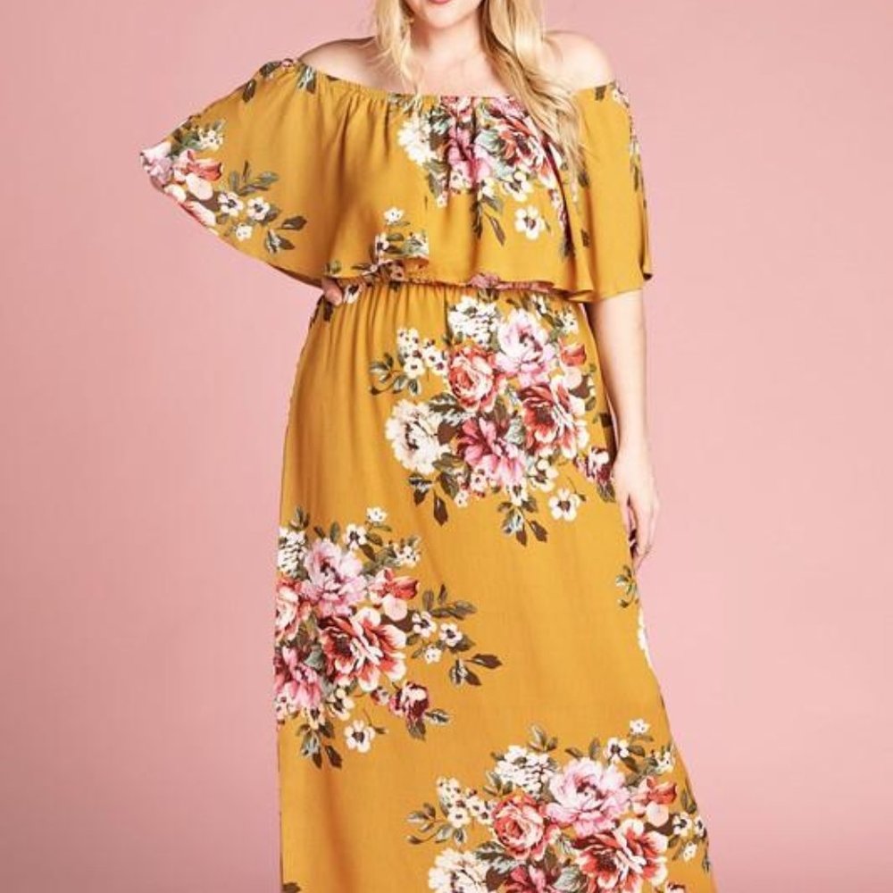 Mustard Floral Print Off Shoulder Maxi Dress